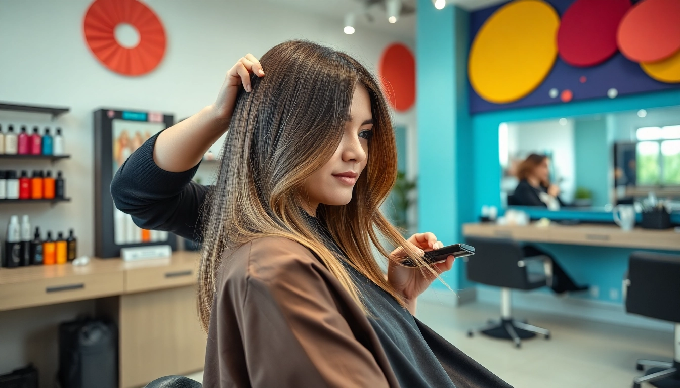 Cabeleireiro feminino styling a modern haircut in a vibrant salon.