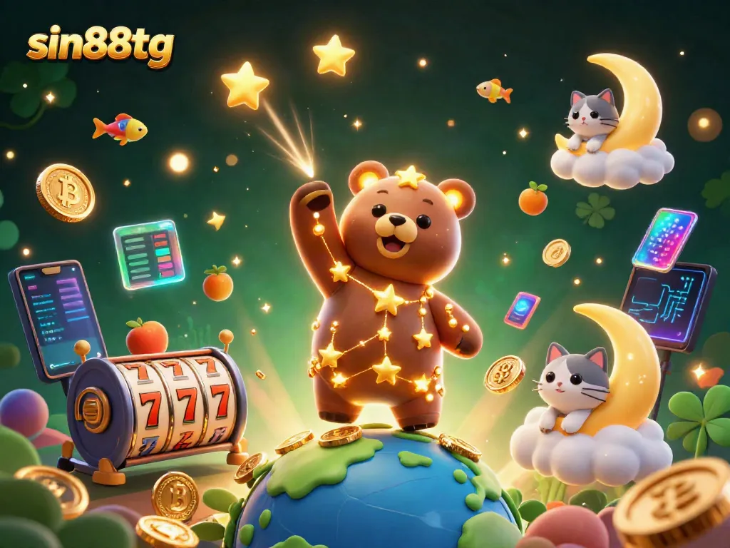 Join the excitement with sin88tg as a constellation bear scoops up coins surrounded by slot symbols.