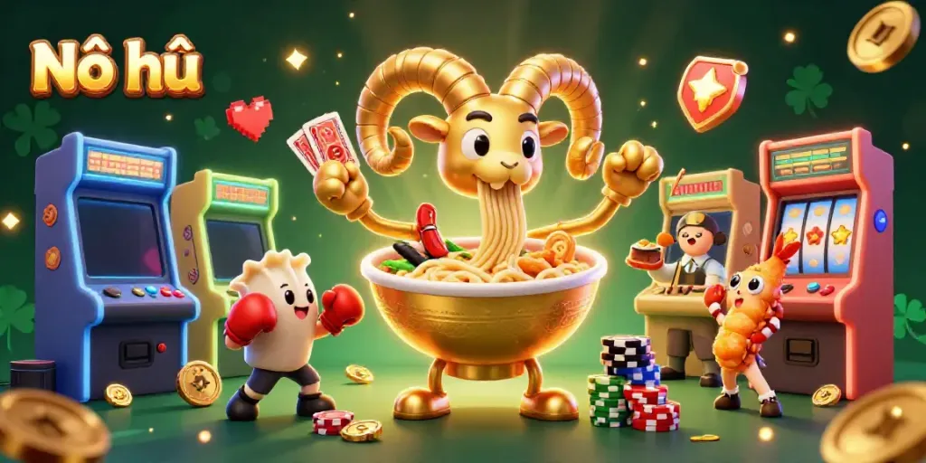 Nổ hũ with dynamic characters in vibrant casino themed scene featuring slot machines and gold coins.