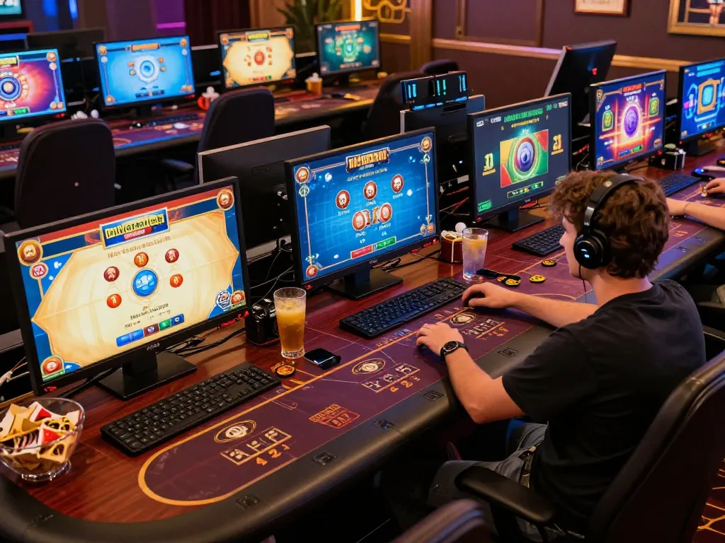 Person playing at 789club online casino, engaging with multiple gaming screens in a cozy setup