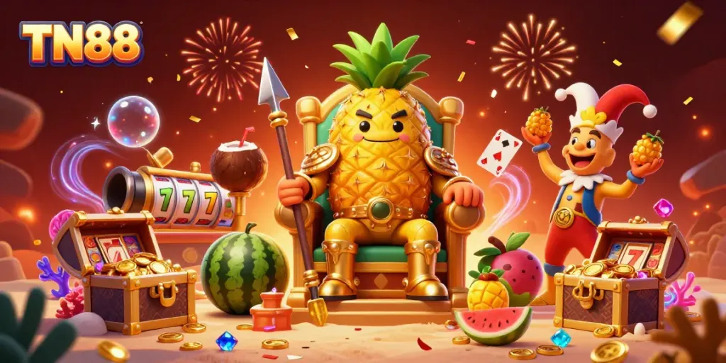 Engage with TN88's offerings as the vibrant golden pineapple king reigns over a lively beach casino scene filled with treasures and games.