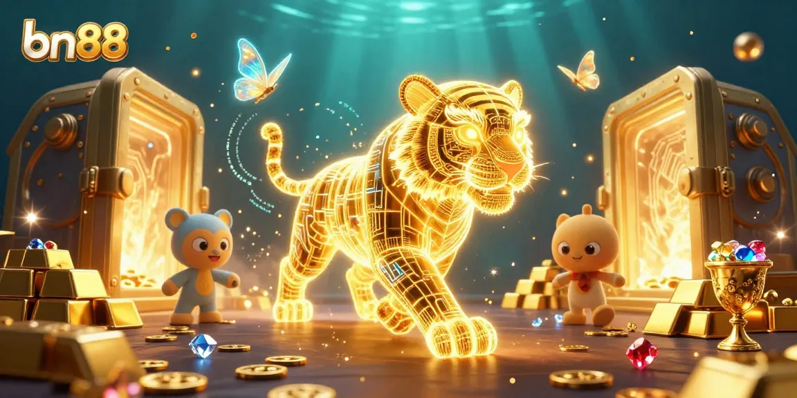 Experience the thrill of gaming at bn88 with a vibrant digital casino scene, showcasing a golden tiger and treasures.