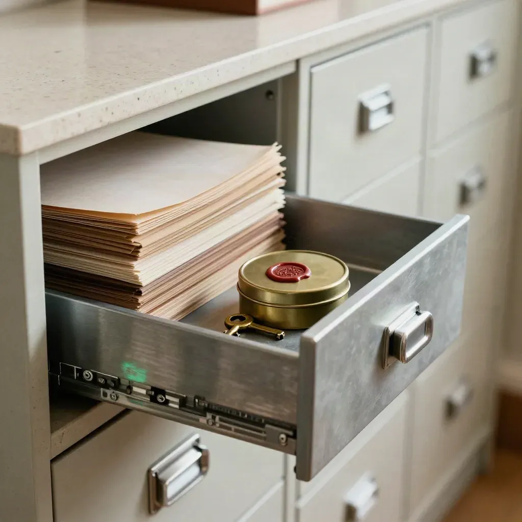 Steel registry drawer gliding shut with record volumes, wax seal tin and key in a travertine archive
