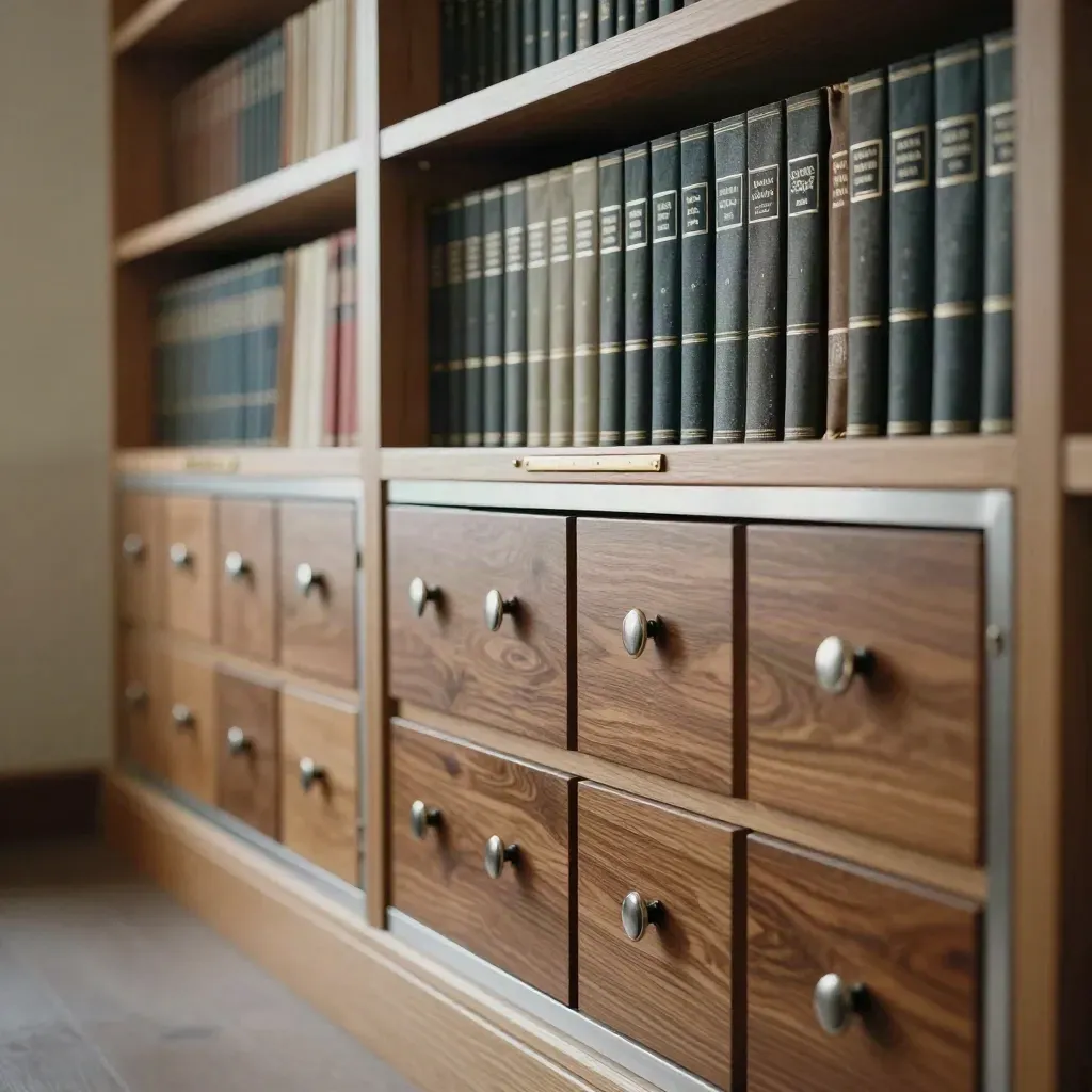 Secure archive shelving with bound minute books, closed drawers and brass rail in warm afternoon light.