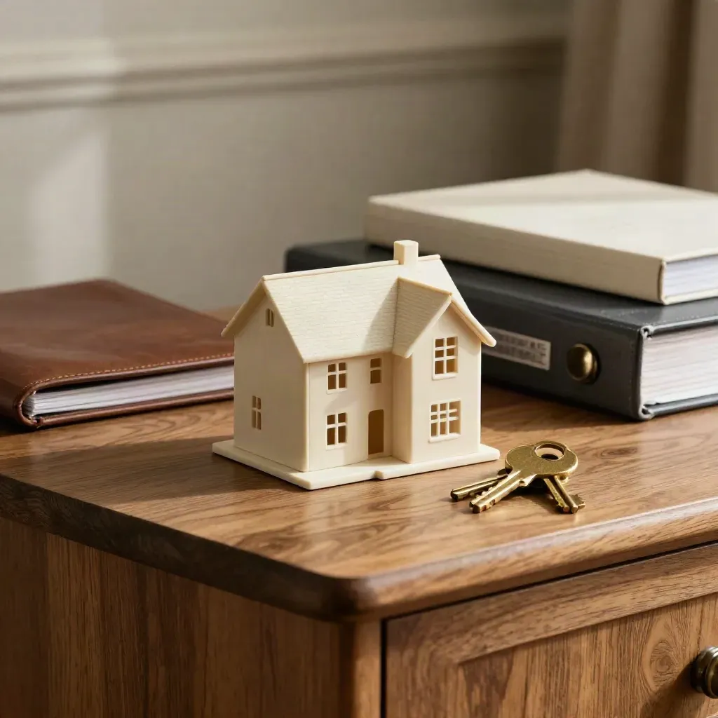 Estate planning still life with house model, keys, and binder on an oak console
