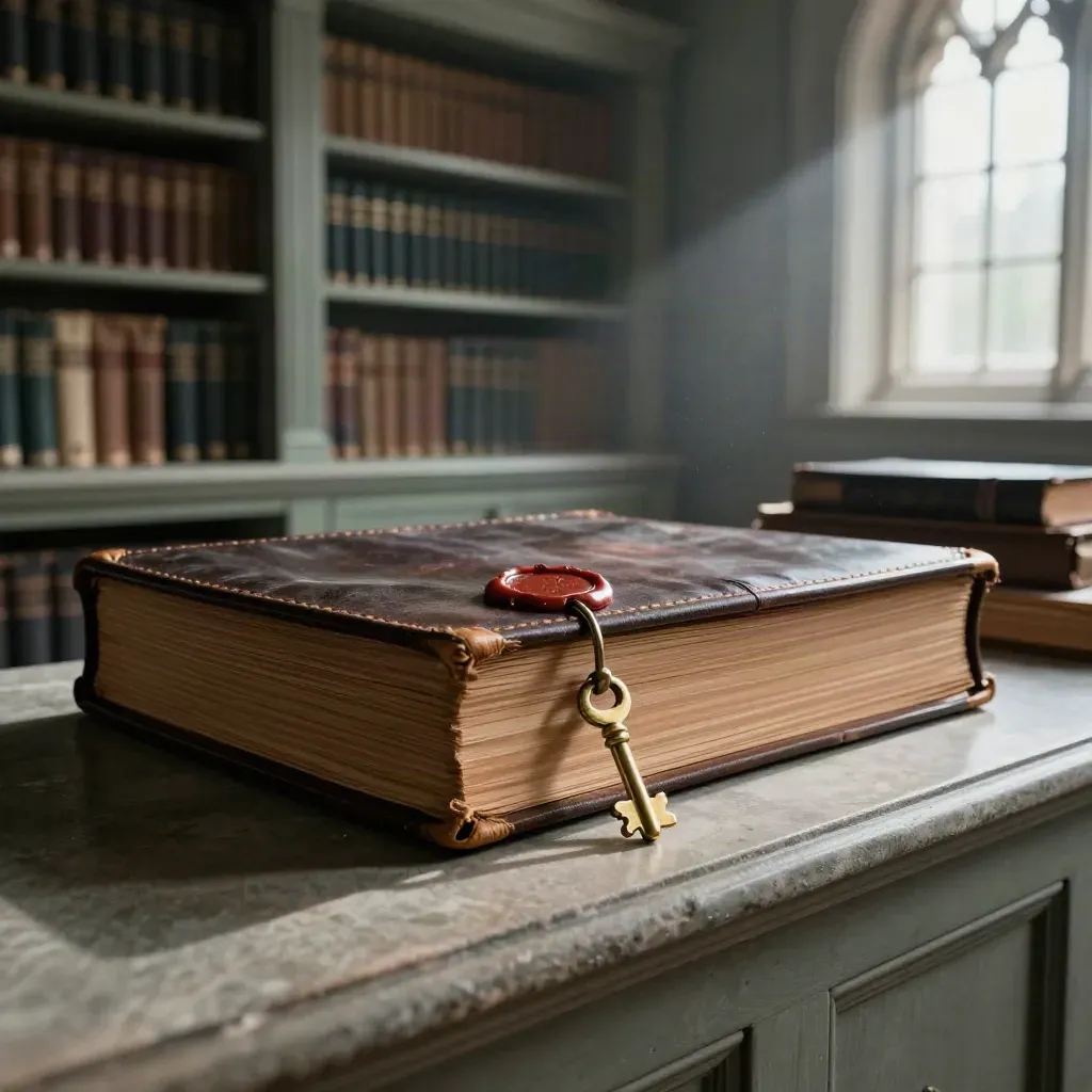 Trust archive room with sealed leather folios, brass keys and a cedar box on stone
