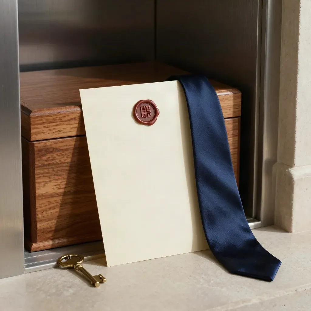 Wax-sealed trust folio, cedar archive box and keys on pale stone in warm light