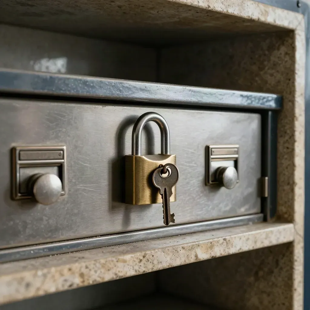 Macro of a vault shelf with brass ring, locked cash drawers and a patinated key set in moody light