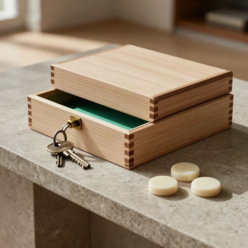 Cedar custody boxes and ivory tokens on a stone console with spare keys, lit by warm window light.
