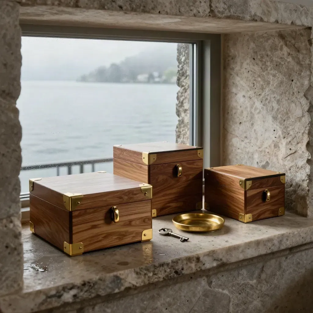 Cedar archive boxes and brass key tray beside a misty Lake Geneva window.