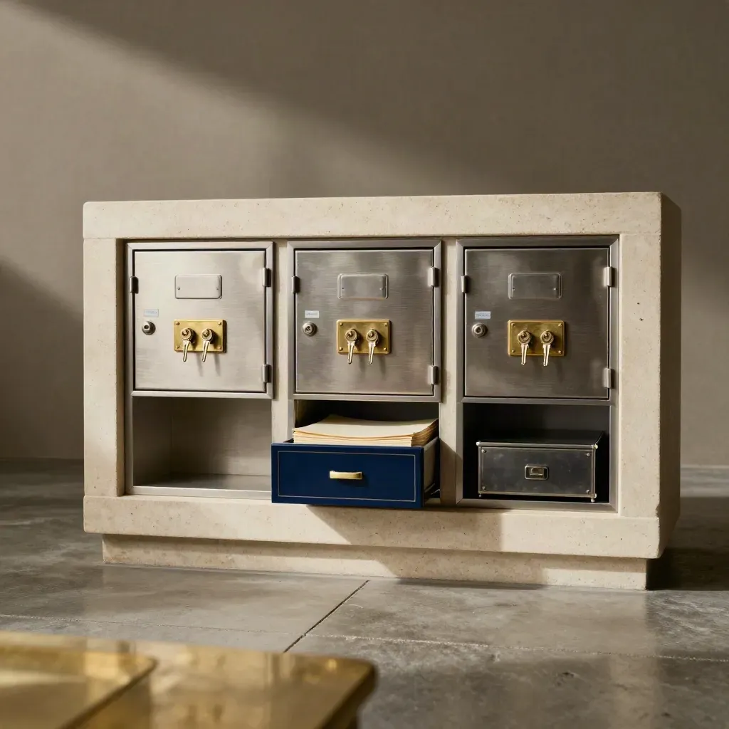 Brushed-steel safe room with lockboxes, key tray, and cash drawers under raking light.