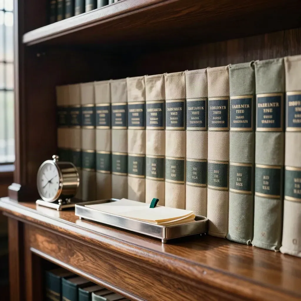 Townhouse shelf with annual record volumes, silver clock and payout tray in warm afternoon light.