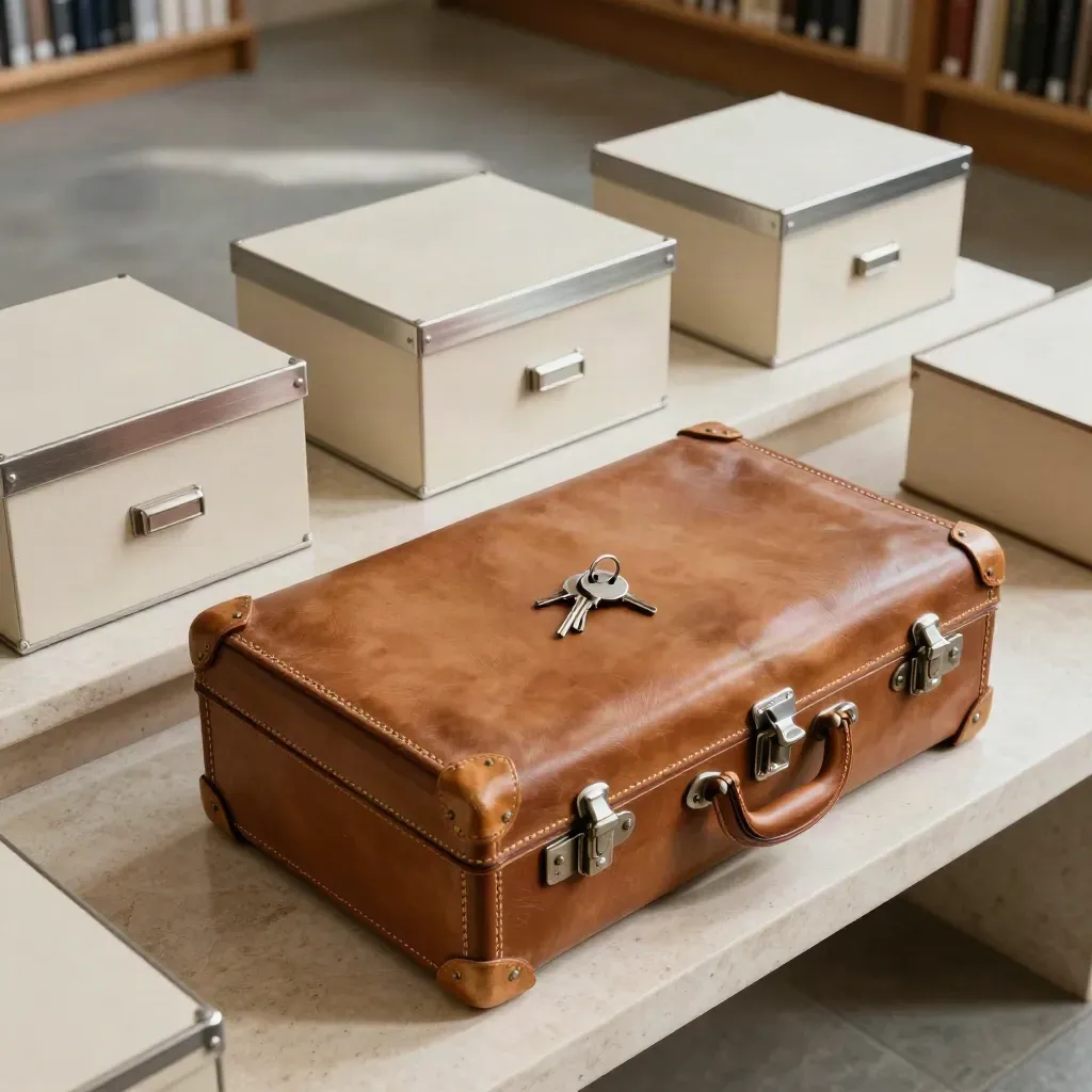 Two leather travel trunks, silver keys and archive boxes on a pale stone bench in soft daylight