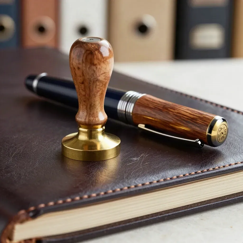 Brass seal press, capped fountain pen and cedar clasp on dark leather in macro detail.