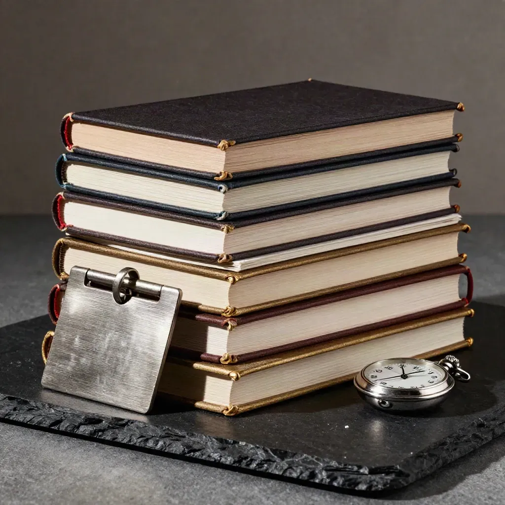 Minute books, file tags and a pocket watch on black stone in dramatic trust archive still life.
