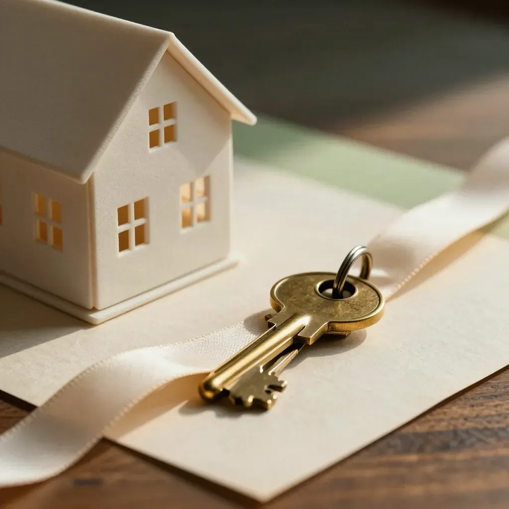 Miniature house, brass keys and parchment ribbon on an archival card, side-lit in close-up.