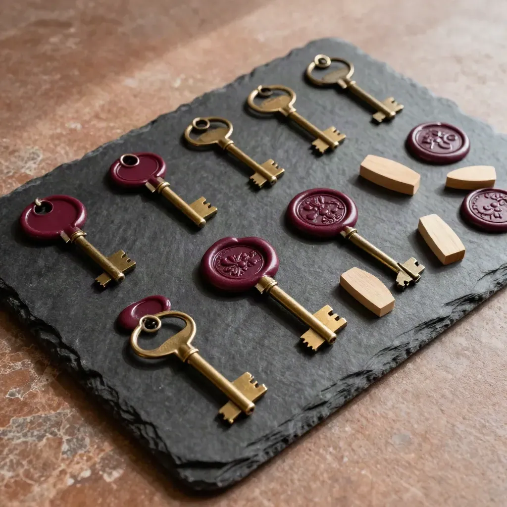 Top-down slate tray with wax seals, brass keys and cedar chips in soft daylight