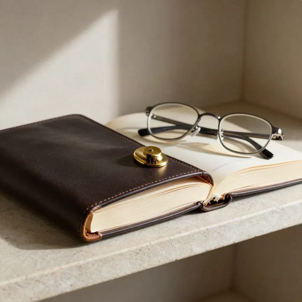 Open leather ledger with brass page weight and silver spectacles on a stone shelf