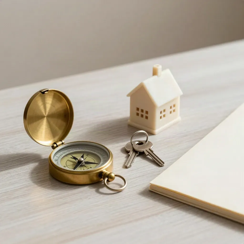 Brass compass case, house model, key rings, and folder on pale wood in soft daylight.