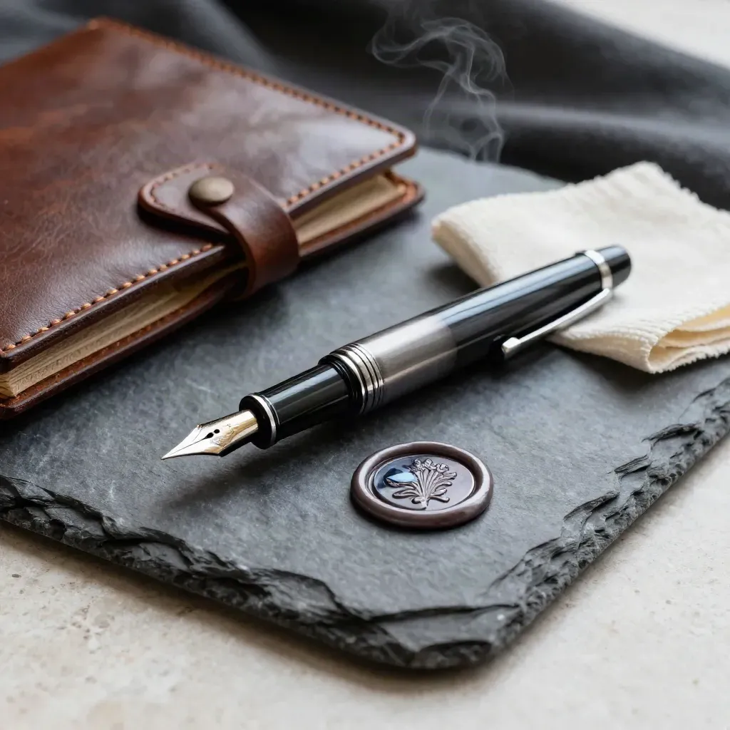 Wax-sealed folio with fountain pen on slate tray in soft daylight