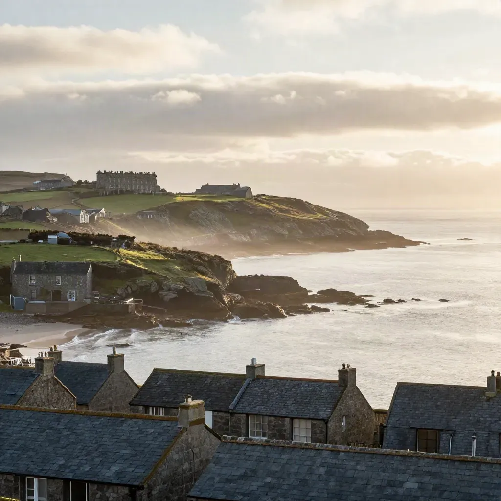 Golden-hour Ireland coast with misty headland, slate rooftops, and Georgian terrace above calm bay.
