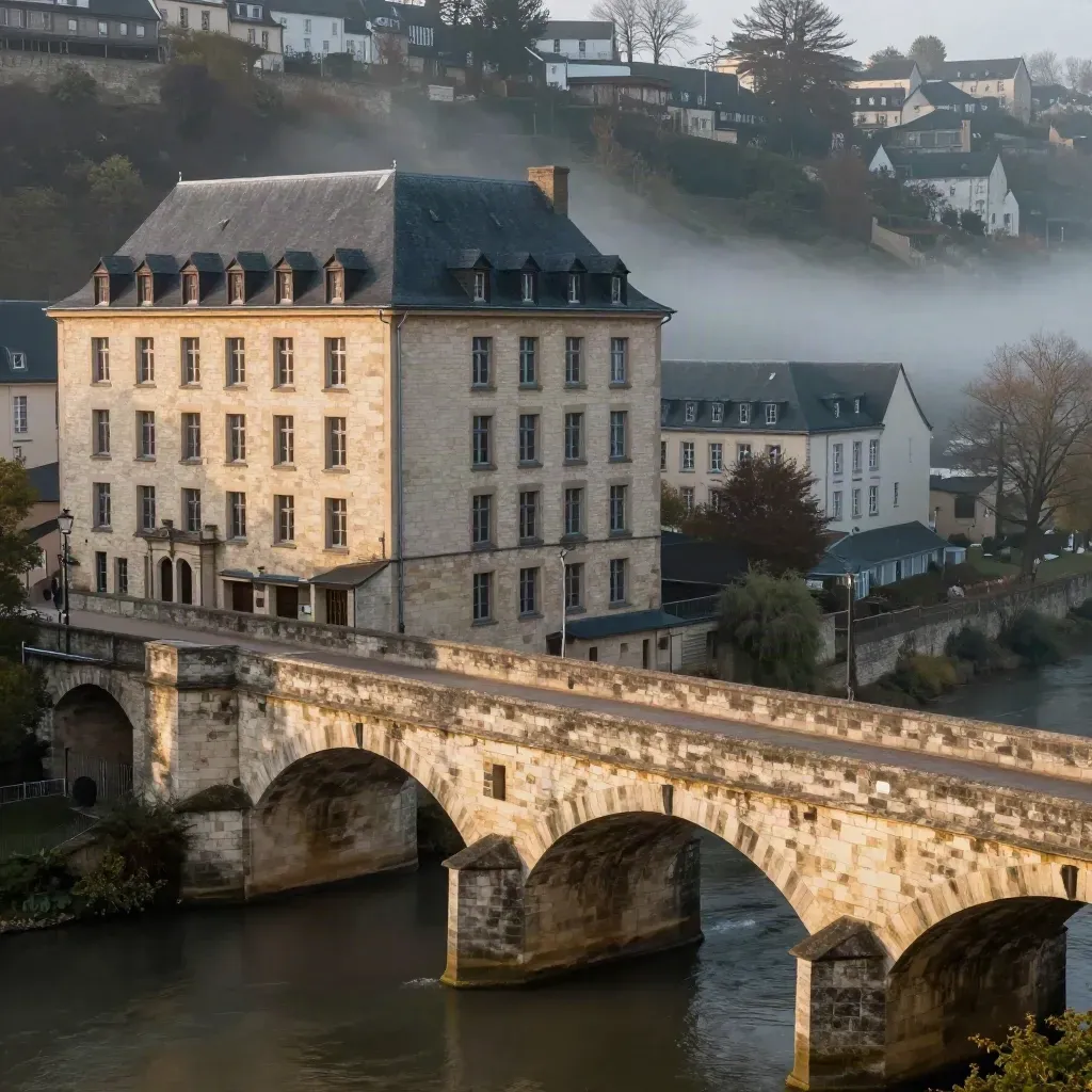Luxembourg bridge and hilltop facades in dusk mist above a calm valley