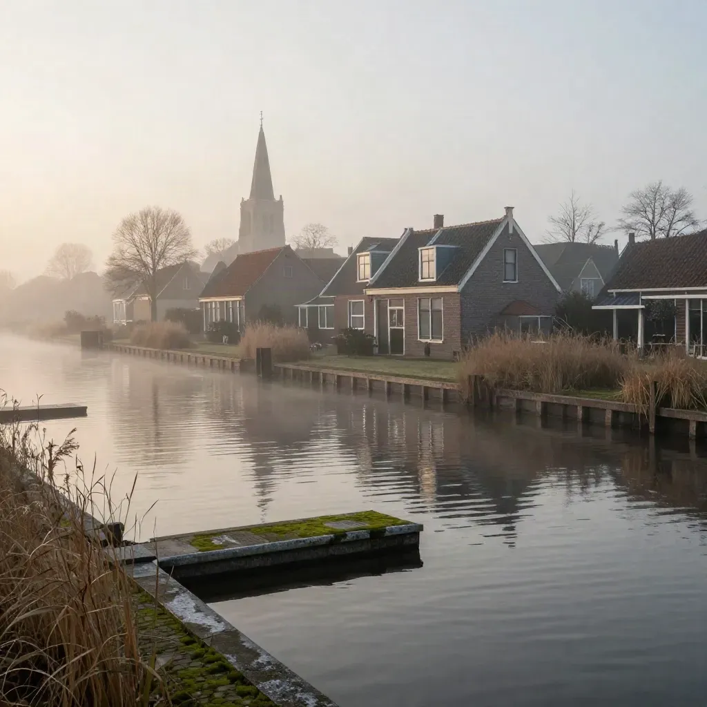 Misty Dutch canal edge with gabled silhouettes, reed marsh, and sunrise haze.