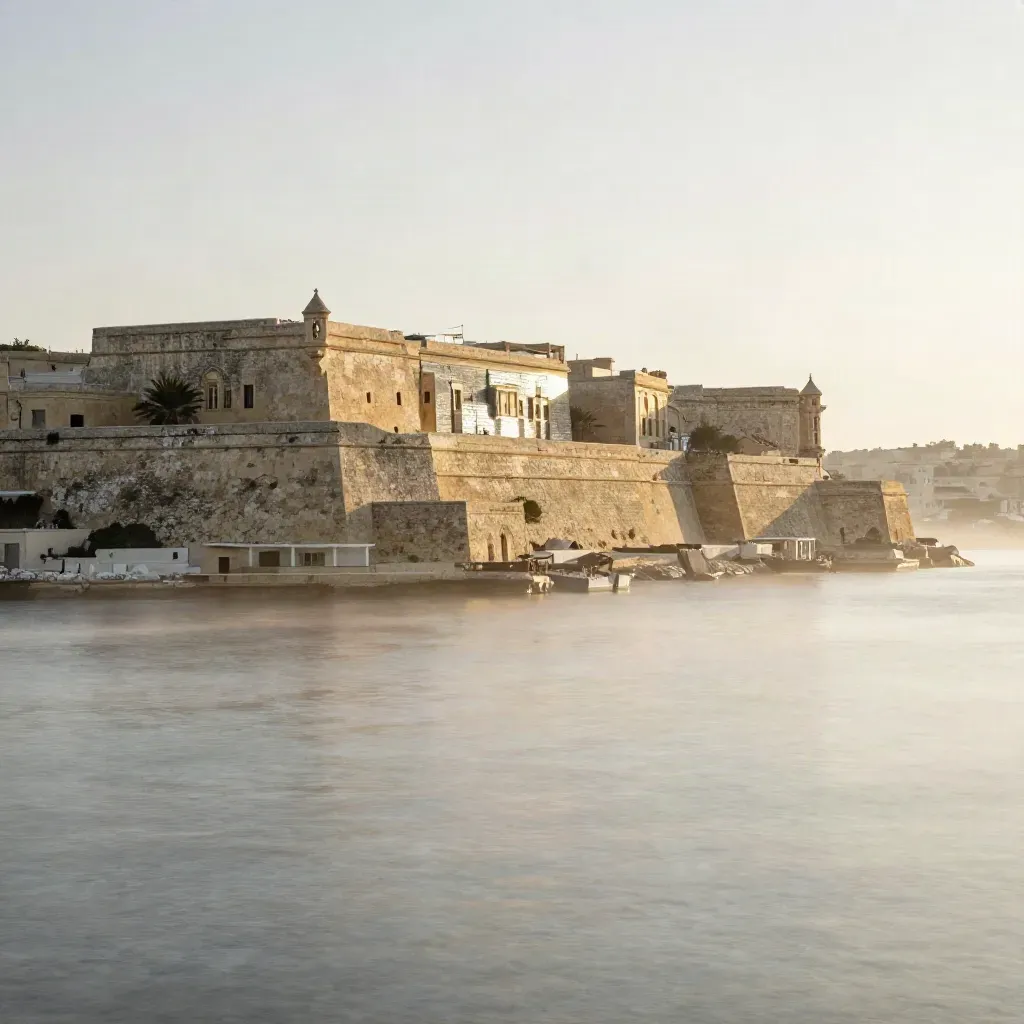 Valletta limestone bastions above a hazy pale harbour, with calm open space for copy.