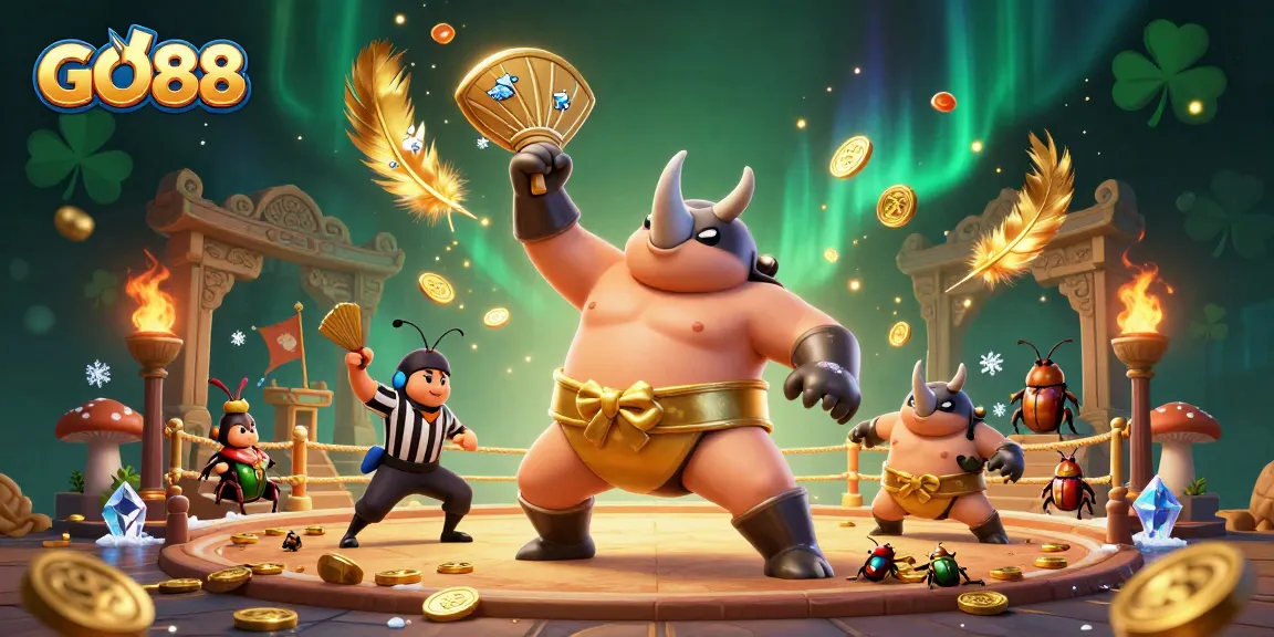 Experience the thrilling GO88 gaming adventure with a cartoon beetle champion amidst gold coins and vibrant casino elements.