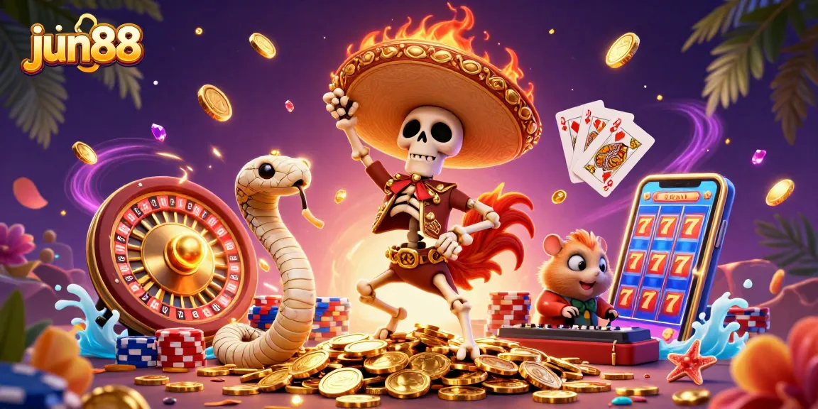 Experience thrilling gaming at jun88 with lively characters celebrating around sparkling casino elements.
