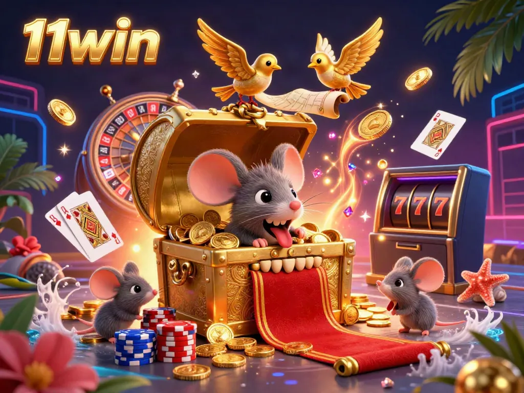 Engage with 11win's thrilling gaming world, where adventurer mice encounter a golden treasure chest amidst a cascade of riches.