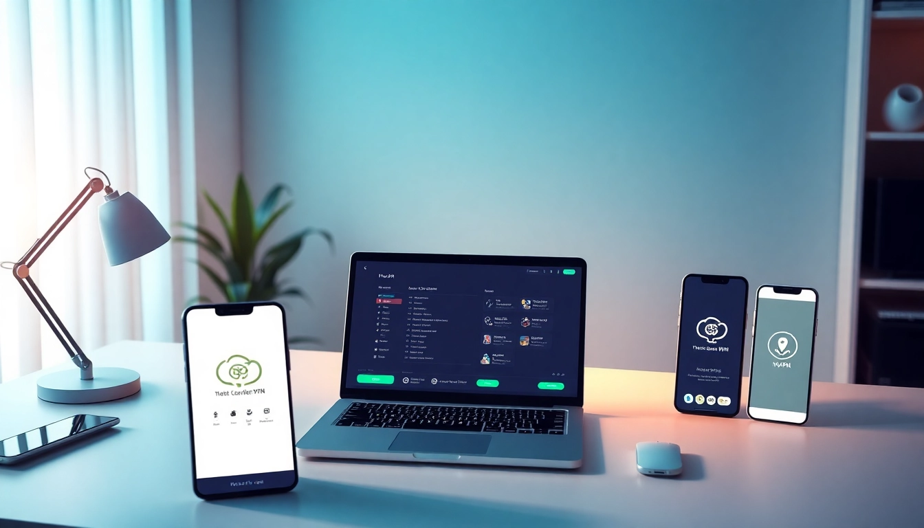 快连下载 VPN interface on a modern workspace laptop, showcasing seamless global connectivity.