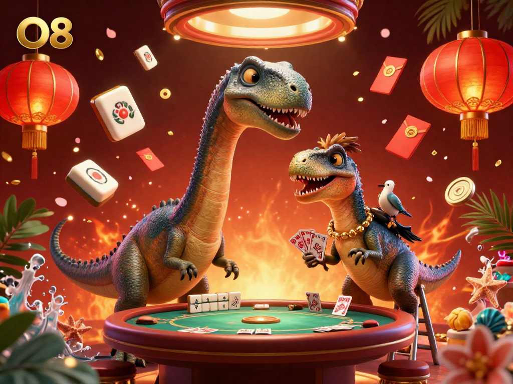 Engage with O8 through a vibrant illustration showcasing dynamic casino-themed scenes.