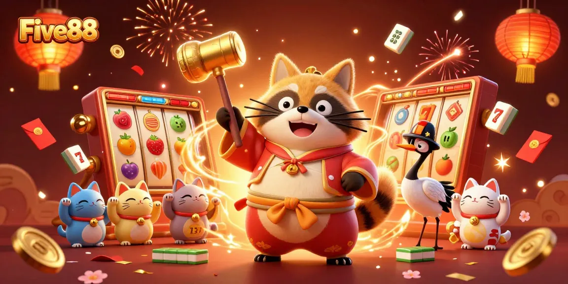 Experience the excitement of Five88 with a vibrant casino-themed 3D illustration featuring lucky symbols.
