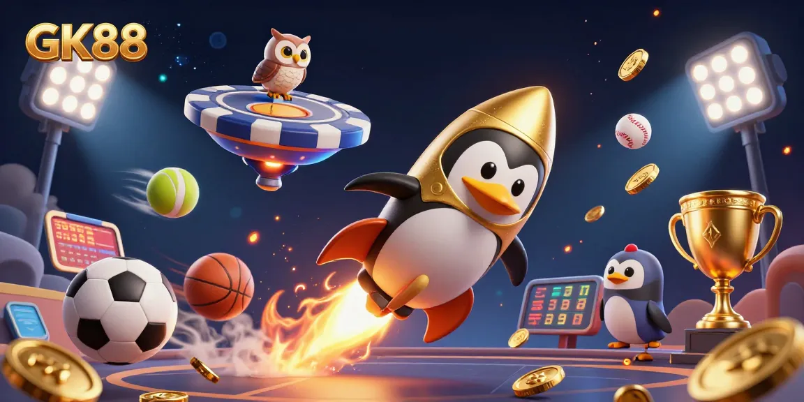 Experience the excitement of GK88 with a thrilling scene of a golden penguin racing towards a casino, amidst dynamic sports elements.