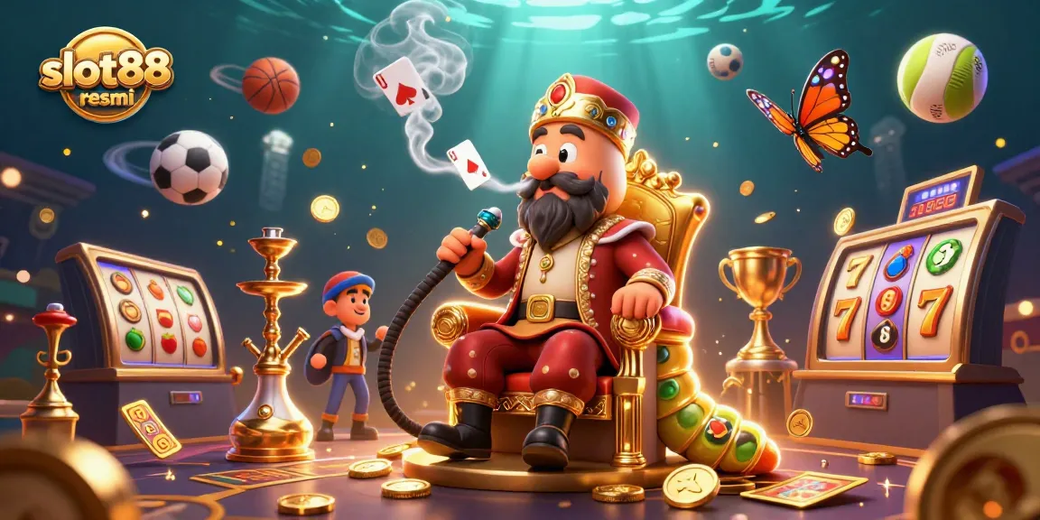 Experience thrilling fun at slot88 resmi with a vibrant 3D casino scene featuring characters, slot reels, and action