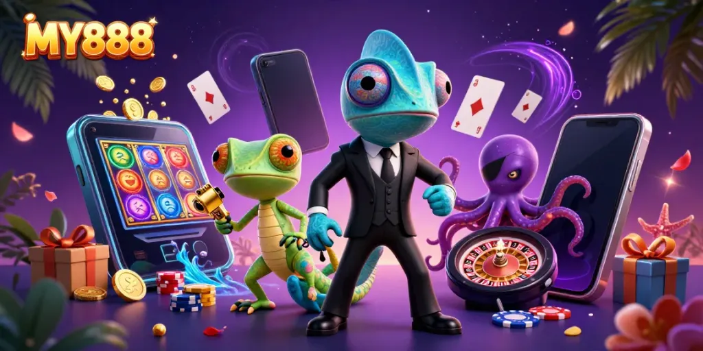 Experience thrilling gameplay at MY888 with a dynamic casino scene showing colorful slots and vibrant characters.