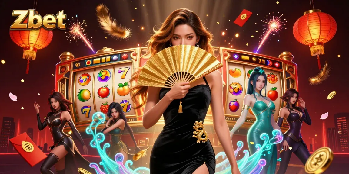 Zbet's glamorous Asian casino scene showcasing slot reels amidst sparkling elements and festive decor.