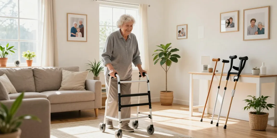 Buy nobility aids effectively in a bright, inviting home scene, showing an elderly person happily using a walker with mobility aids on display.