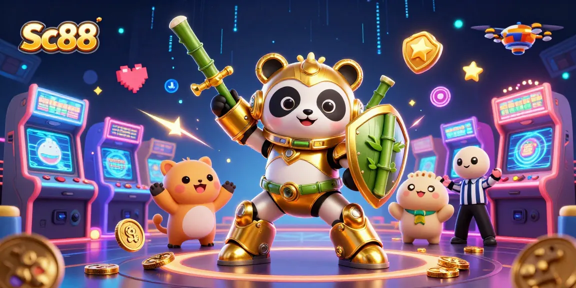 Experience thrilling gameplay at Sc88 with a dynamic mech-suit panda in a vibrant casino environment.
