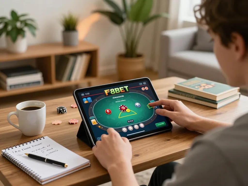 Engaged player enjoying F8BET poker game on a tablet in a cozy home setting