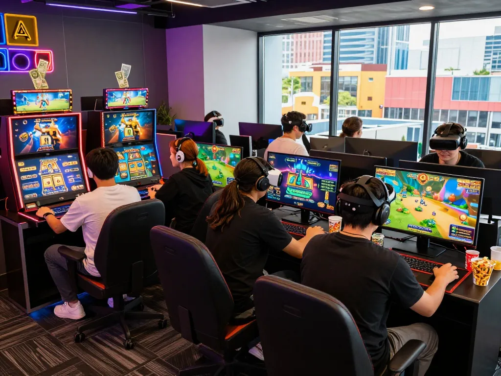 Dynamic online gaming experience at https://bomwin.jp.net/, with players engaged in high-tech games amidst neon lighting and vibrant city skyline.