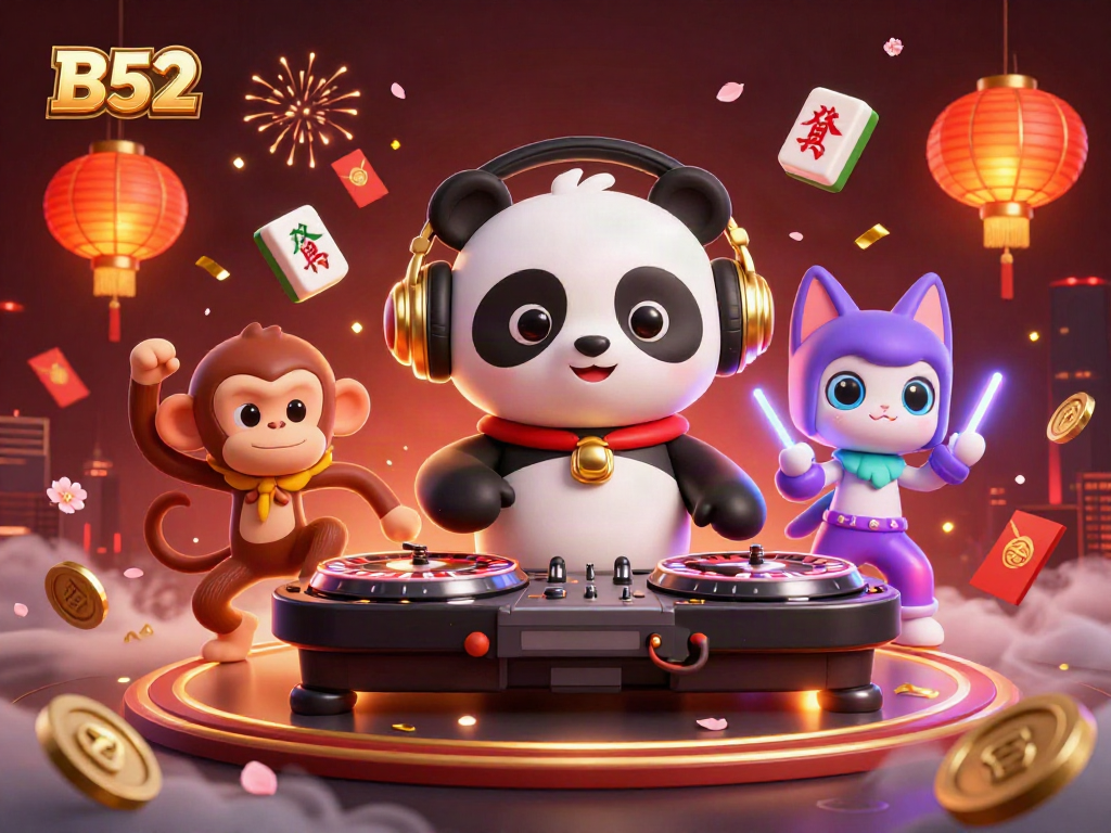 Experience the excitement of B52 gaming with vibrant characters and casino elements in a dynamic illustration.