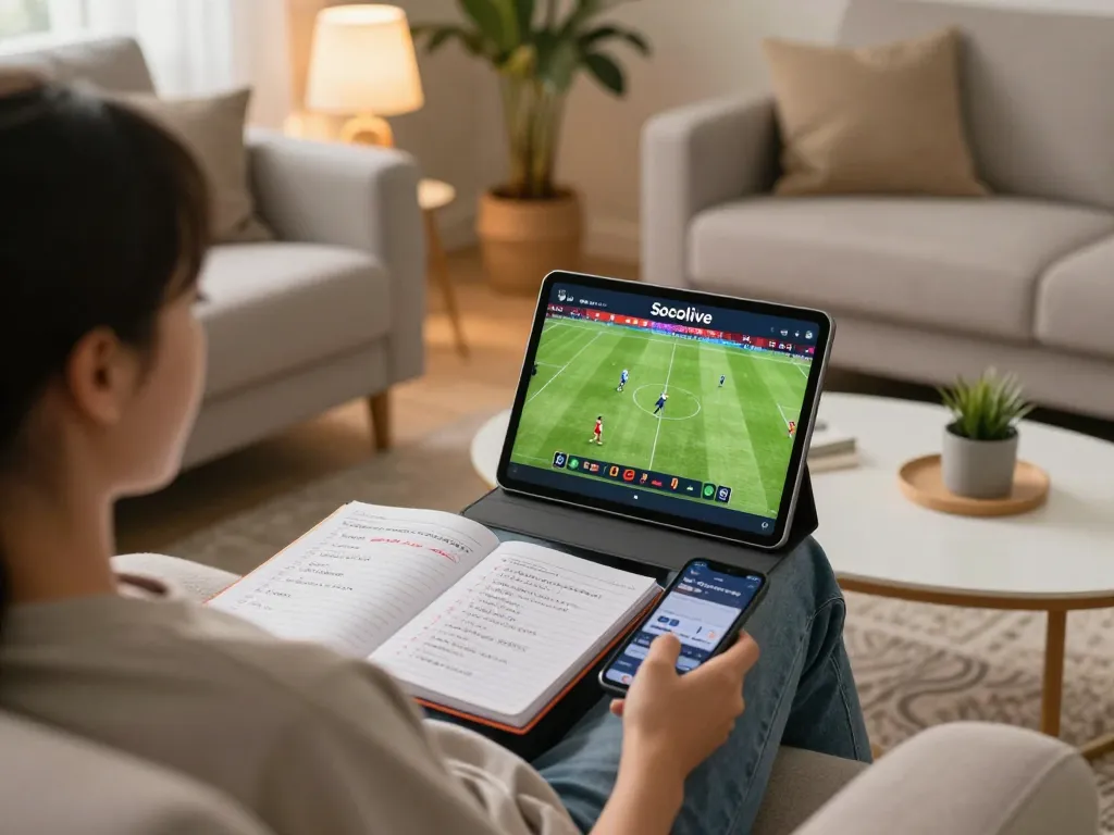 Socolive user enjoying live football matches on tablet in a cozy home setting, emphasizing responsible gaming with personal betting notes.