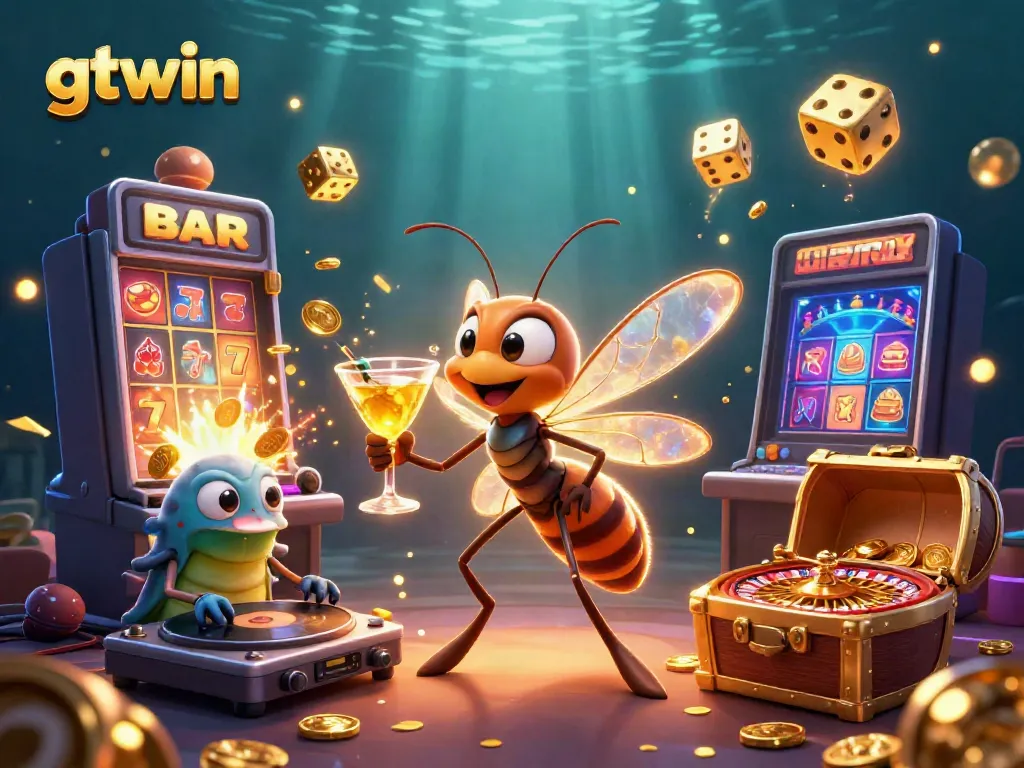 Experience vibrant online casino fun with GTWIN, where a lively mosquito mascot celebrates wins with golden treasures.