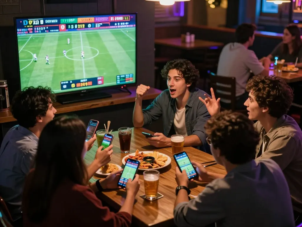 Friends engaging in live sports betting at a sports bar, highlighting the excitement of 8live betting.