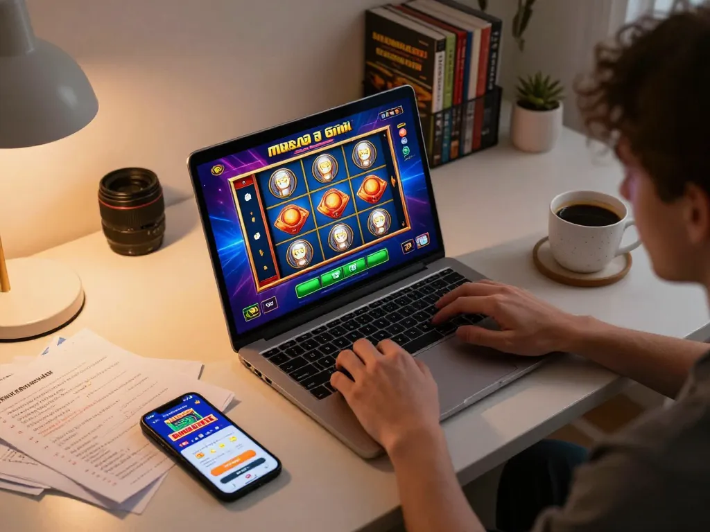 Engaged player enjoying an online casino slot game while using link max88 on a laptop in a cozy home office.