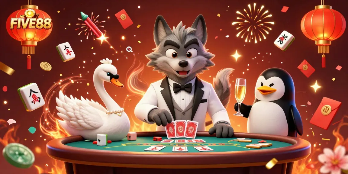 Experience excitement at FIVE88 with a debonair wolf and elegant swan at a dynamic baccarat table.
