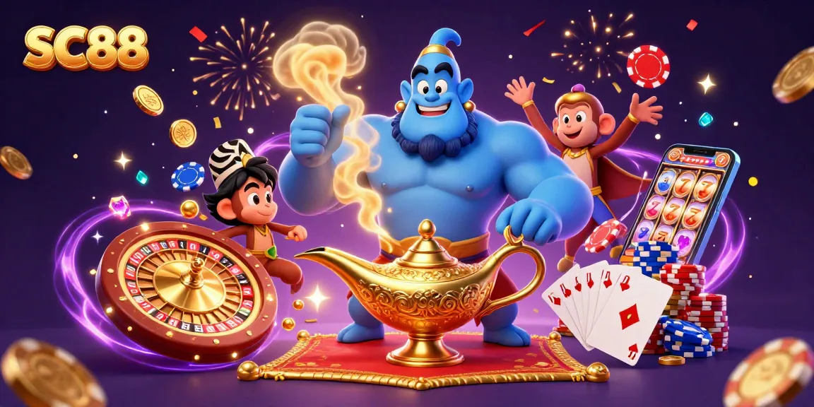 SC88 showcases thrilling casino entertainment with a vibrant genie, magical elements, and dynamic gaming components.