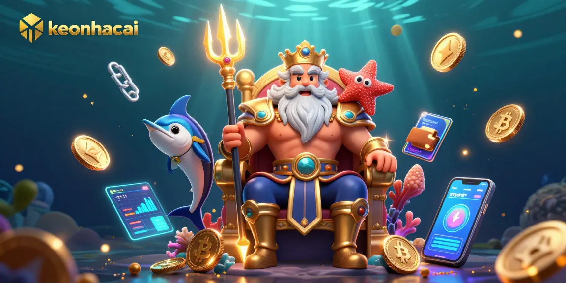 Engage with keonhacai's vibrant underwater casino scene featuring Neptune, crypto coins, and rich details.